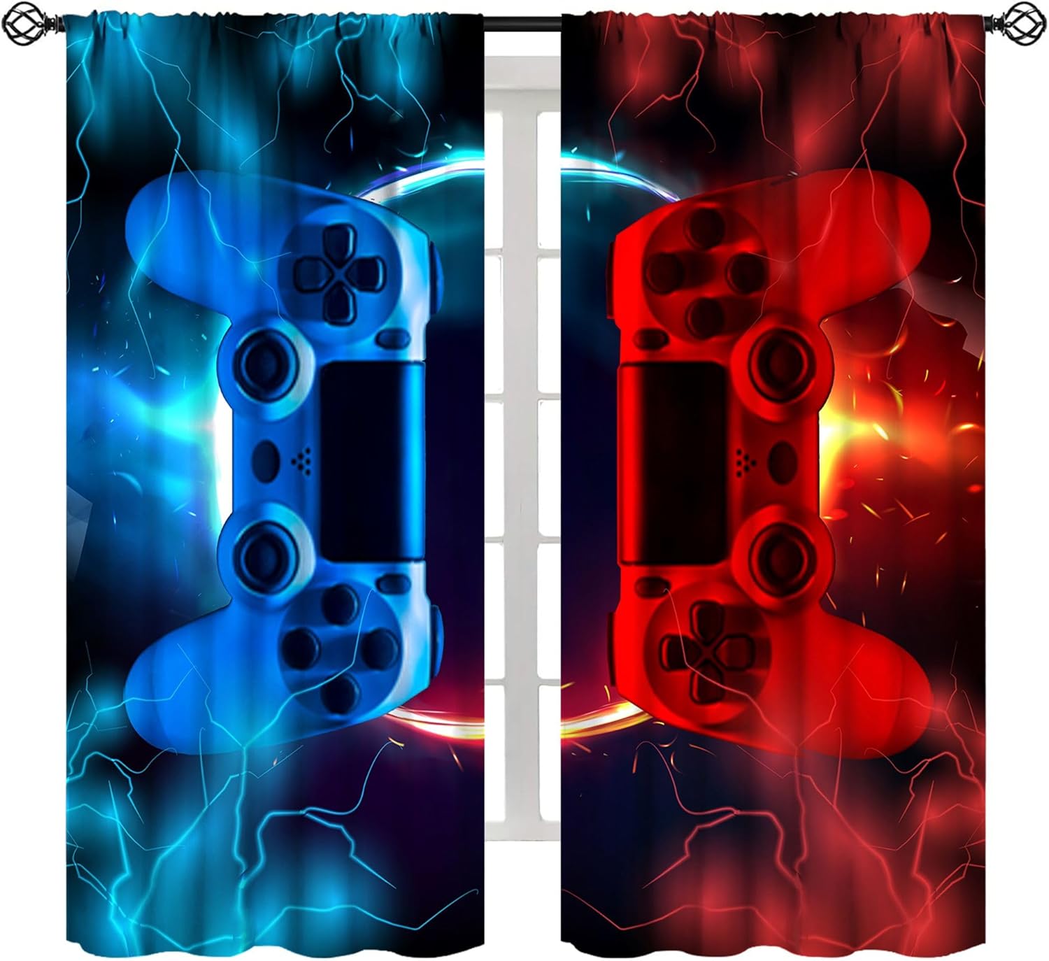 Gaming Console Cafe - Zasłony Gamingowe Niebiesko-Czerwone Konsola Arcade Styl